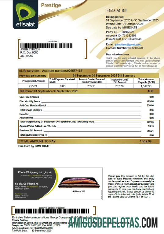 realista Modelo de conta de serviços públicos Etisalat dos Emirados Árabes Unidos em formatos Word e PDF, versão 2
